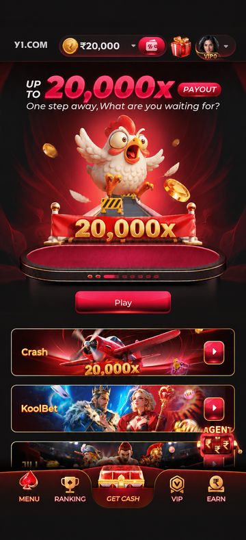 Y1 Game home screen shown after a successful login, with Crash and KoolBet tiles
