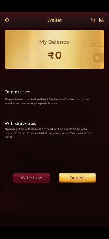 Y1 Game wallet screen showing the balance with Withdraw and Deposit buttons