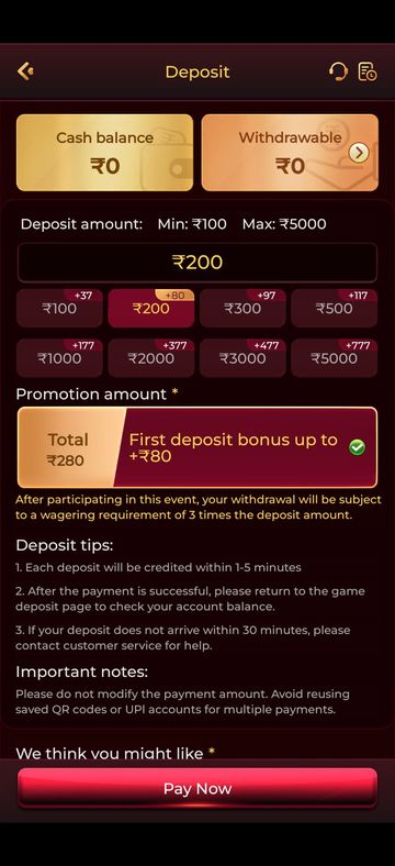 Y1 Game deposit screen with preset UPI deposit amounts and deposit tips