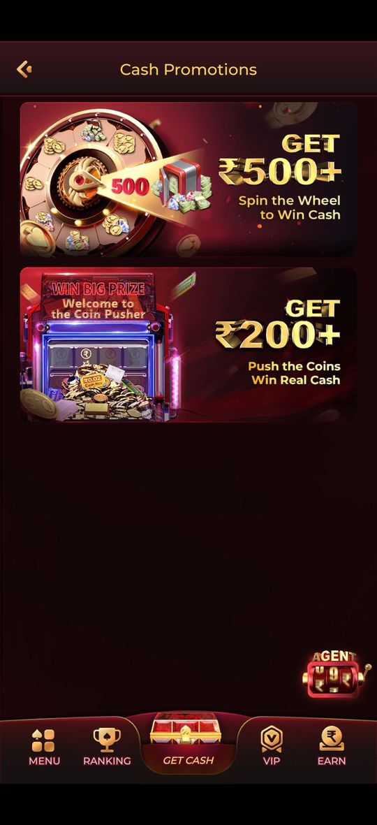 Y1 Game Cash Promotions screen with Spin the Wheel and Push the Coins offers