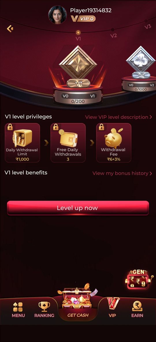 Y1 Game VIP page listing daily withdrawal limit, free daily withdrawals and withdrawal fee as level privileges