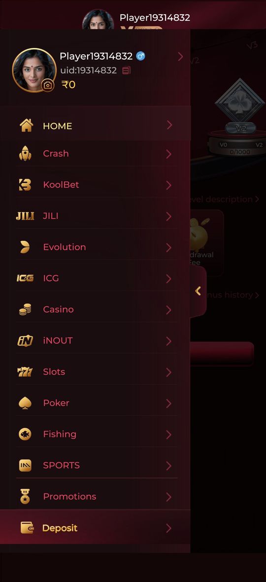 Y1 Game side menu listing Crash, KoolBet, JILI, Casino and Slots categories